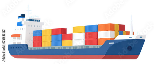 Blue Cargo Ship with Multicolored Containers, Transparent Background, 3D Realism Asset