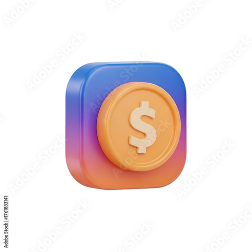 3d render of a coin with a dollar sign on a colorful square isolated on transparent background
