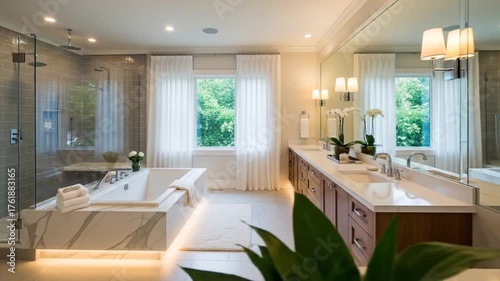 Luxurious bathroom w freestanding tub glass shower  vanity with soft lighting