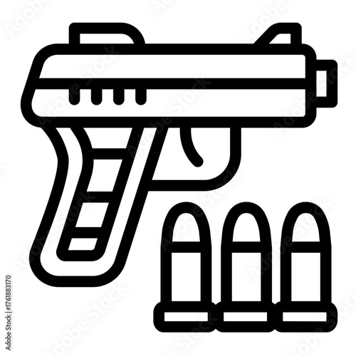 Pistol gun line icon, police force concept. Vector graphics. Gun with three bullets, ammunition sign on white background, style icon mobile or web design.