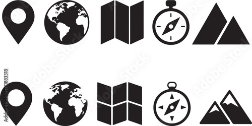 Travel and Navigation Icons in Black and White