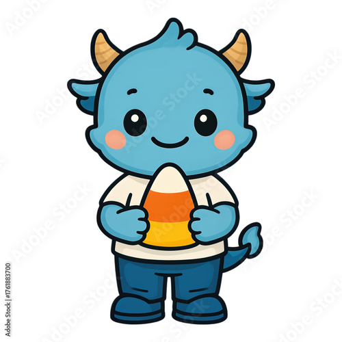 Blue Monster Holding Candy Corn, Transparent Cutout, Cute Halloween Graphic