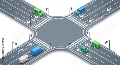 Isometric View of a Busy Road Intersection with Vehicles.