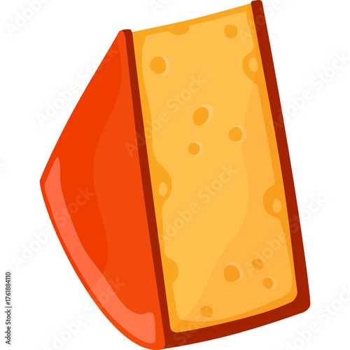 Cartoon slice of cheese with orange rind and yellow interior featuring small holes against a clean white background in a simple illustration style