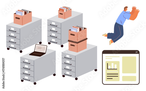 Filing cabinets with files and laptop, person actively working, digital interface window. Ideal for productivity, workflow, document management, teamwork, digital transformation, organization