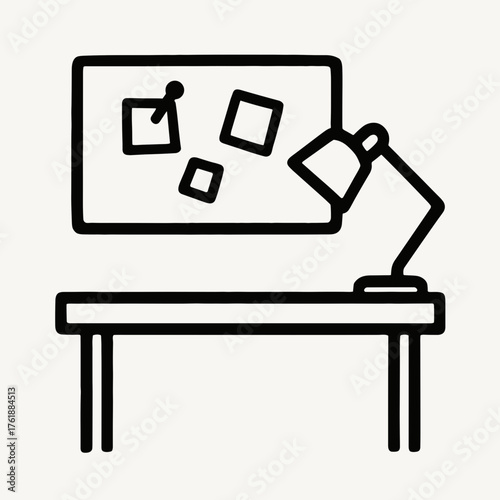 Desk with pinboard and lamp 