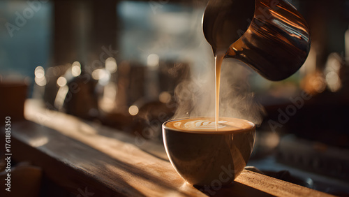 Barista pouring steamed milk into a coffee cup to create latte art