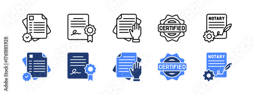 Verification, License, Administration, Certified, Process with two styles, line and duotone icon.