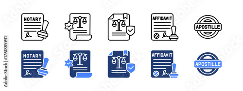 Notary, Notarial, Legal document, Affidavit, Apostille with two styles, line and duotone icon.