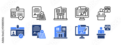 Identity, Appointment, Office, Application, Legal with two styles, line and duotone icon.