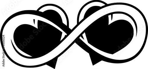Infinity heart silhouette. This image shows two hearts intertwined to form an infinity symbol, representing eternal love, connection, and unity. Vector clipart black illustration design
