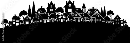 Neighborhood silhouette. This image portrays a collection of houses and trees in silhouette, showcasing a peaceful residential area with a scenic slope. Vector clipart illustration design