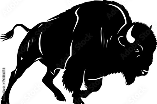 Running bison silhouette. This image shows a design of a running bison silhouette, also known as buffalo silhouette. Vector clipart illustration design