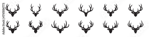 Deer head icons set. Animal head with horns silhouettes, wildlife and hunting symbols, horn shape collection.