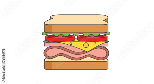 Cartoon illustration of a delicious ham and cheese sandwich with fresh vegetables.