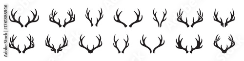 Deer horn icons set. Animal horn silhouettes, wildlife and hunting symbols, horn shape collection.