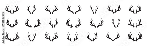 Deer horn icons set. Animal horn silhouettes, wildlife and hunting symbols, horn shape collection.