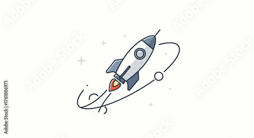 Cartoon Rocket Ship with Flames and Orbital Path.