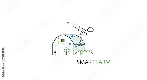 Futuristic Smart Farm Building with Digital Technology and Growing Plants.
