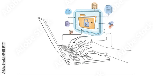 Businessman hands typing on laptop with virtual secure folder and data icon, representing cybersecurity, cloud storage protection, digital data privacy management continuous single line art drawing sk