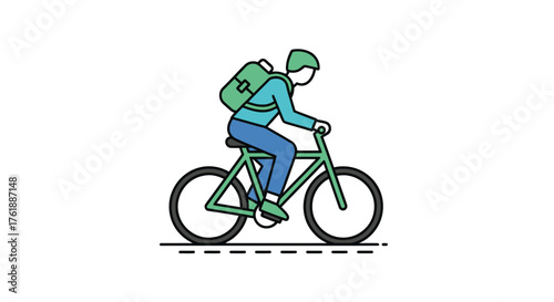 Person riding a bicycle with a backpack stylized illustration.