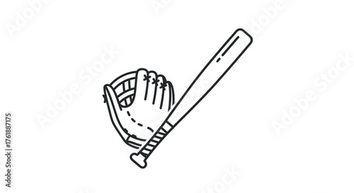Baseball Bat and Glove Outline Illustration for Sport.