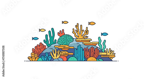 Vibrant flat design coral reef illustration with diverse marine life and small fish.