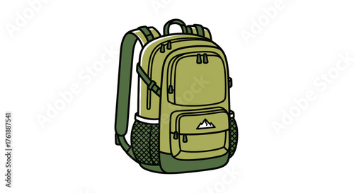 A green canvas backpack with multiple compartments and mesh side pockets.