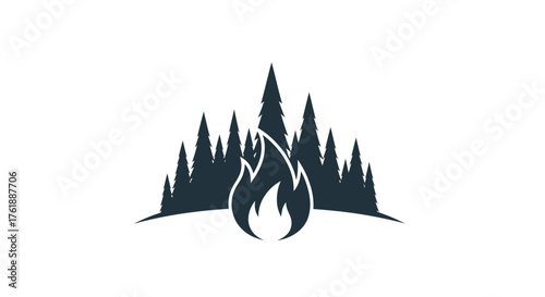 Forest Fire Silhouette Logo Design with Trees and Flames.