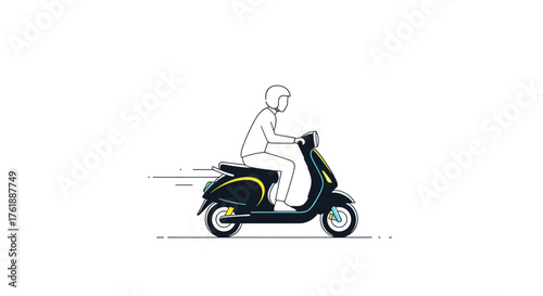 Stylized illustration of person riding a classic dark scooter with yellow seat in motion.