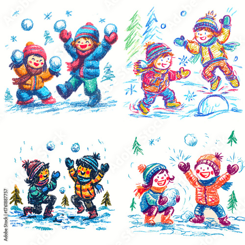 Playful hand-drawn illustration of children having a snowball fight in winter clothes. Perfect for holiday greeting cards, winter activity art, or kids’ seasonal posters.
