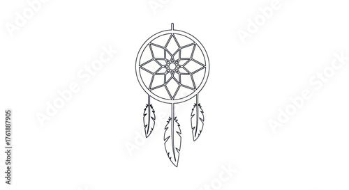 Detailed Line Art of a Traditional Dreamcatcher with Feathers.