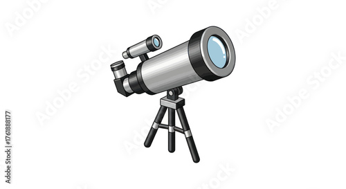 Modern Silver and Black Astronomical Telescope on Tripod with Finder Scope.