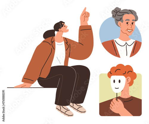 Youth sitting with a raised hand, elderly womans portrait, person holding mask. Ideal for identity, age, wisdom, self-discovery, intergenerational relationship, emotions personal growth simple flat