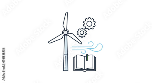 Wind Turbine Gears Wind and Open Book Icon - Renewable Energy Concept.