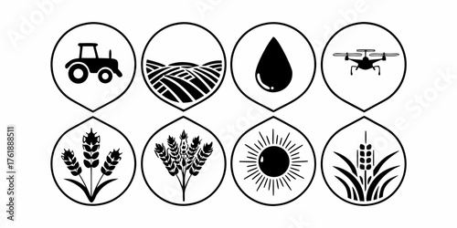 Illustration of agricultural icons including a tractor, fields, water drop, drone, wheat and sun symbols on transparent background