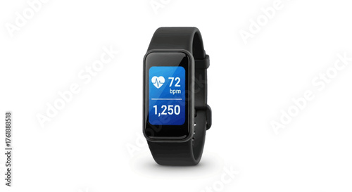 Black Fitness Tracker Smartwatch Displaying Heart Rate and Steps.