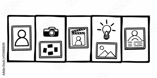 Illustration depicting various creative fields including photography film making and design with icons on transparent background