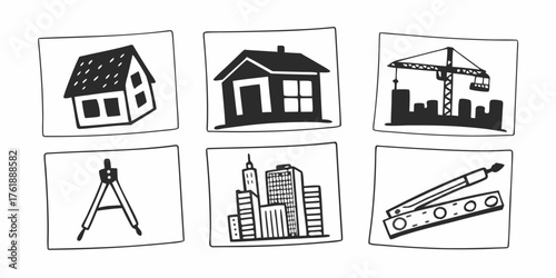 Illustration showing house construction crane city skyline compass and level tool in black and white style on transparent background