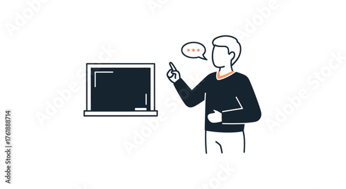 A man in a dark sweater stands next to a blackboard gesturing and speaking.