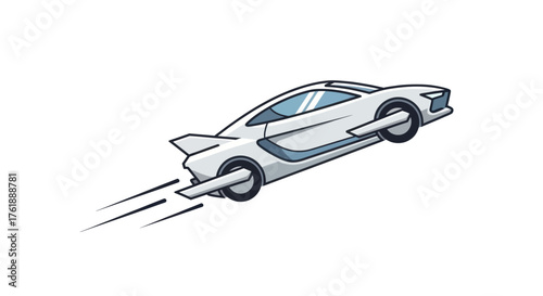 Futuristic White Car with Speed Lines Cartoon Style.