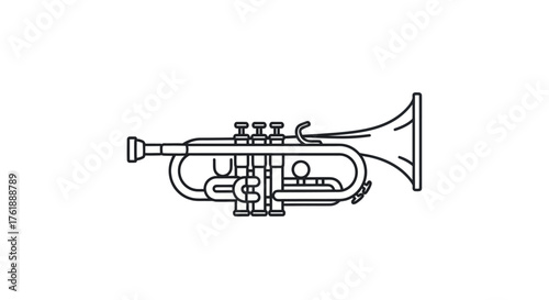 Detailed Line Art Illustration of a Brass Trumpet Musical Instrument.