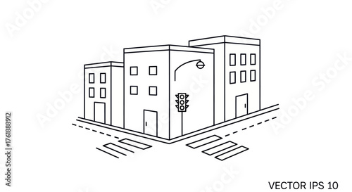 Urban Street Corner Line Art with Buildings Traffic Light and Crosswalks.