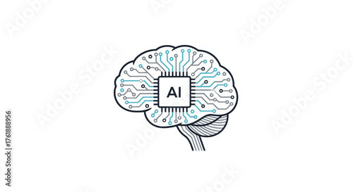 Digital Brain with AI Chip and Circuitry Illustration.