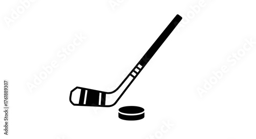Black Hockey Stick and Puck Silhouette on White Background.