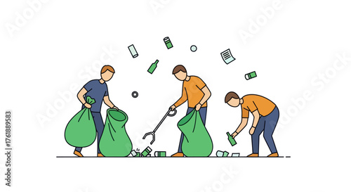 Volunteers collecting trash and litter into green bags with a grabber tool.