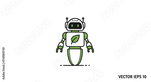 Green Eco-Friendly Robot Character with Leaf Symbol.