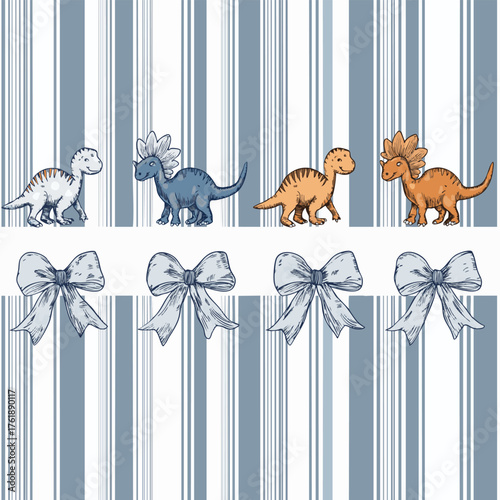 Stripes seamless pattern with hand drawn cute dinosaurs animal in ribbon frame with bow. Dinosaurs animal elegant background. Perfect for decor, fabric, textile, wallpaper