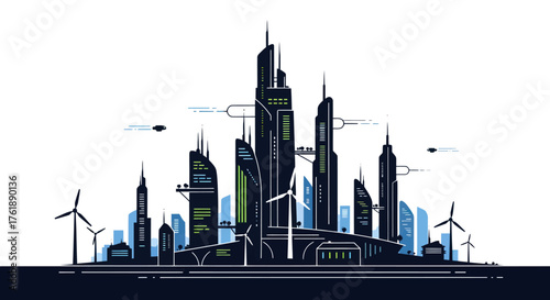 Futuristic cityscape with modern skyscrapers and wind turbines.
