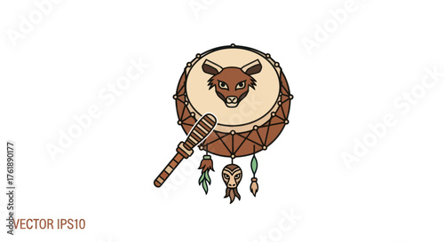 Traditional Native American Drum with Animal Face and Beaded Ornaments.